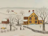 FOLK ART WINTER LANDSCAPE by Judy Paige, watercolor on paper, sold Aug 2023