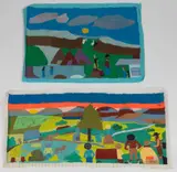 OUTSIDER ART MEMORY PAINTINGS, LOT OF TWO by Floretta Emma Warfel, oil on cloth, sold Aug 2023