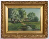 FOLK ART LANDSCAPE PAINTING by Mae & May Mulford Walker, oil on academy board, sold Aug 2023