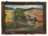 PENNSYLVANIA FOLK ART LANDSCAPE PAINTING by Blair Co., oil on artist's board, sold Jun 2023