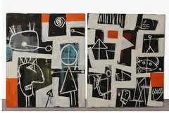Paleolithic by Louis Tavelli, Oil on canvas diptych, sold Sep 2025