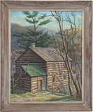 Aunt Jenny Huston’s Log Home by Helen F. Price, Oil on canvas, sold Nov 2025