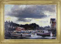 Working Harbor by Peter Cook, Oil on board, sold Mar 2026