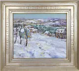 Lumberville Christmas by Alan Fetterman, Oil on tempered glass, sold Jun 2026