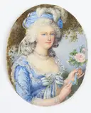 Untitled by Élisabeth Louise Vigée Le Brun, Watercolor and gouache on ivory portrait miniature of a lady in blue dress and feathered hat holding pink roses, sold Jun 2026