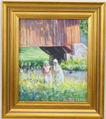 Amish Woman by Bridge by Christopher G. Willett, Oil on board "Amish Woman by Bridge", sold Jun 2026