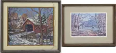 Untitled by Vernon Wood, Giclee on board depicting snowy landscape with a covered bridge, sold Jun 2026