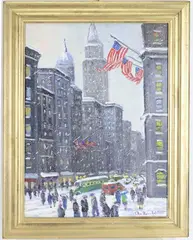 Broadway, Rush Hour, New York City, by Christopher G. Willett, Oil on board, sold Sep 2026