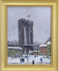 Heading Home, Brooklyn Bridge, New York City. by Christopher G. Willett, Oil on board, sold Sep 2026