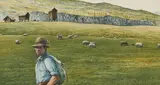 Untitled (Sheep in the field) by Reynolds Thomas, watercolor and colored pencil on paper, sold Jan 2021