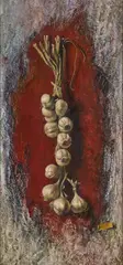 Untitled (String of garlic) by Robert Knaus, oil on board, sold Jan 2021