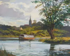 River Boat Reflections by Clive Kidder, oil on canvas (unstretched), sold Jan 2021