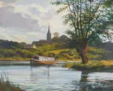 River Boat Reflections by Clive Kidder, oil on canvas (unstretched), sold Jan 2021