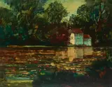 Untitled (Small house by a lake) by Donald Roy Purdy, oil on masonite, sold Jan 2021