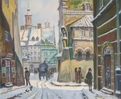 Snowy Street by Darius Wasowicz, oil on canvas (unstretched), sold Jan 2021