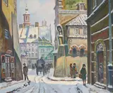 Snowy Street by Darius Wasowicz, oil on canvas (unstretched), sold Jan 2021
