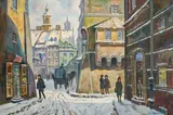 Untitled (Winter street scene) by Darius Wasowicz, oil on canvas (unstretched), sold Jan 2021