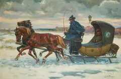 Untitled (Winter sleigh ride) by Leszek Piasecki, oil on canvas (unstretched), sold Jan 2021