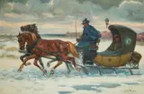 Untitled (Winter sleigh ride) by Leszek Piasecki, oil on canvas (unstretched), sold Jan 2021