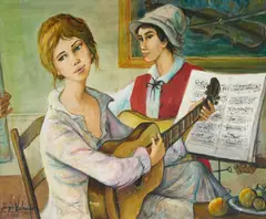 Music Lesson by Jacques Lalande, 1983, oil on canvas (unstretched), sold Jan 2021
