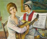Music Lesson by Jacques Lalande, 1983, oil on canvas (unstretched), sold Jan 2021