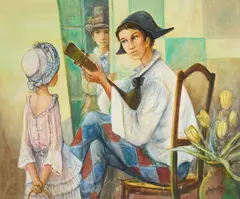 Musician With Children by Jacques Lalande, 1982, oil on canvas (unstretched), sold Jan 2021