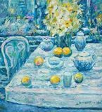 Still life in the Garden by David Krayem, oil on canvas (unstretched), sold Jan 2021