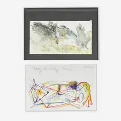 Two works on paper; one a birthday card dated 2010 by Alan Kleiman, watercolor on gessoed paper, sold Feb 2021