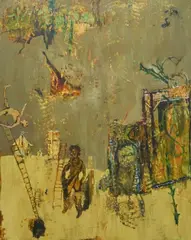 Urban Wing on Fire From Desire Or Camus' Dream by Lowell Boyers, 1992, oil on board, sold Feb 2021