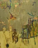 Urban Wing on Fire From Desire Or Camus' Dream by Lowell Boyers, 1992, oil on board, sold Feb 2021