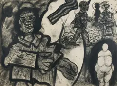 Fertility Idol with Figures by Robert Beauchamp, 1979, charcoal on paper, sold Feb 2021
