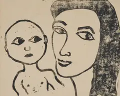 Untitled Mother and Child by Hugo Guinness, woodblock on paper, sold Feb 2021