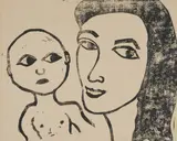 Untitled Mother and Child by Hugo Guinness, woodblock on paper, sold Feb 2021
