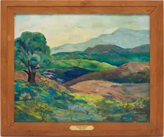 Landscape of Blue Ridge Mountains by Eugenia E. Miller, oil on canvas board, sold Jan 2024