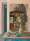 Skyros Interior by Justin O’brien, c.1967, oil on canvas on composition board, sold Dec 2015