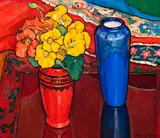 Nasturtiums, Iris And Blue Vase by Criss Canning, oil on canvas, sold Dec 2015