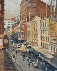 Pitt Street, Sydney by Herbert Badham, 1943, oil on compressed card, sold Aug 2015