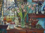 Hippeastrums With Brass Ornament by Margaret Olley, 2001, oil on composition board, sold Aug 2015