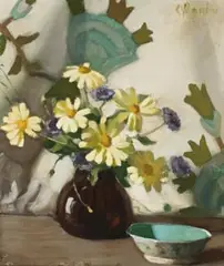 Marguerites And Cornflowers by Constance Stokes, 1930, oil on composition board, offered Aug 2015