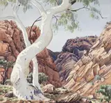 Ghost Gum And Gorge, Central Australia by Albert Namatjira, 1952, watercolour on paper, sold Aug 2015