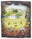 Ecstasy 1988 – The Cosy Home In A Harsh Landscape by Reg Mombassa, 1988, charcoal and colour pencil on paper, sold May 2015