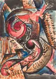 Composition cubiste. Les cigarettes Sapho, 1915 La composition imite un collage. Les mots ou partie de mots sont « САХО » (Sapho ; une marque de cigarettes de l by Kyril Mikhailovich Zdanevich, Aquarelle, encre, sold Mar 2025