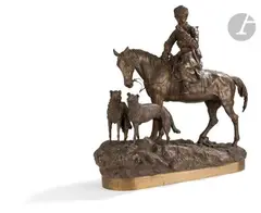 Chasseur avec ses deux barzoï (ou le retour de la chasse). D’après un modèle vers 1877 by Vassily Yakovlevitch Gratchev, Bronze patiné, sold Mar 2025