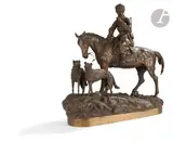 Chasseur avec ses deux barzoï (ou le retour de la chasse). D’après un modèle vers 1877 by Vassily Yakovlevitch Gratchev, Bronze patiné, sold Mar 2025