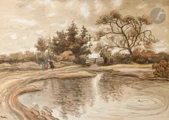 Bord d'étang animé by Jean Misceslas Peské, Aquarelle sur trait de crayon, sold Dec 2024