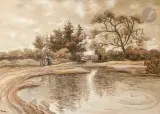 Bord d'étang animé by Jean Misceslas Peské, Aquarelle sur trait de crayon, sold Dec 2024