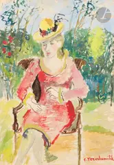 Femme au chapeau assise by Kostia Terechkovitch, Gouache sur traits de crayon, sold Dec 2024