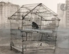 Le Merle en cage by Gérard Barthélémy, 1985, Encre, lavis d’encre et rehauts de gouache blanche, sold Dec 2024
