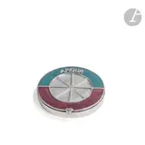 Amour, roi de ton cœur ? [Amour – Roue à deux tons – Cœur ?], vers 1950 Poudrier circulaire Rébus by Line Vautrin, Épreuve en bronze argenté ; le couvercle en partie émaillé, rouge, vert, sold Dec 2024