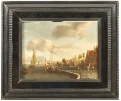 Promeneurs sur le quai d’un port hollandais by Abraham Jansz Storck, Toile marouflée sur panneau, rogné à gauche, sold Nov 2024